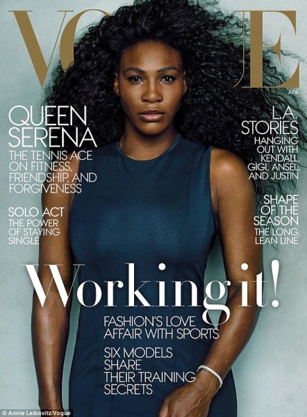 ennis champion Serena Williams showed off her fabulously fit physique in a teal Rag & Bone frock on the April cover of US Vogue