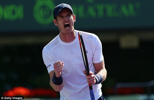 Andy Murray gets pumped up on his way to victory over Kevin Anderson at the Miami Open