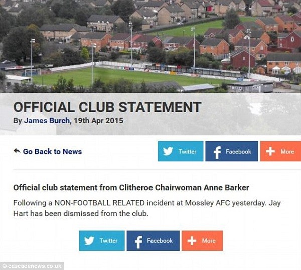 Clitheroe chairwoman Anne Barker said the player had 'brought the club into disrepute'