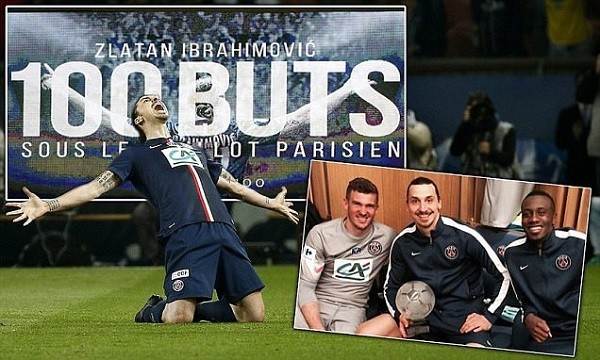 Paris Saint Germain striker Zlatan Ibrahimovic celebrates scoring his second goal. Photo EPA