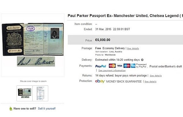 The former defender's expired passport was listed for £5,000 but the seller was open to offers