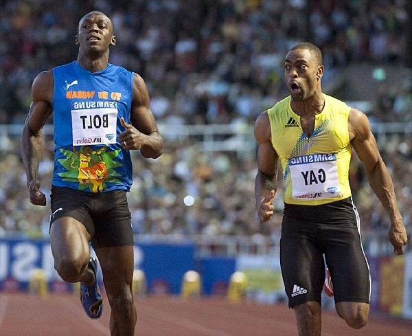Tyson Gay of the US wins the men's 100 metres final ahead of Jamaica's Usain Bolt at the IAAF Diamond League "DN Galan" in Stockholm