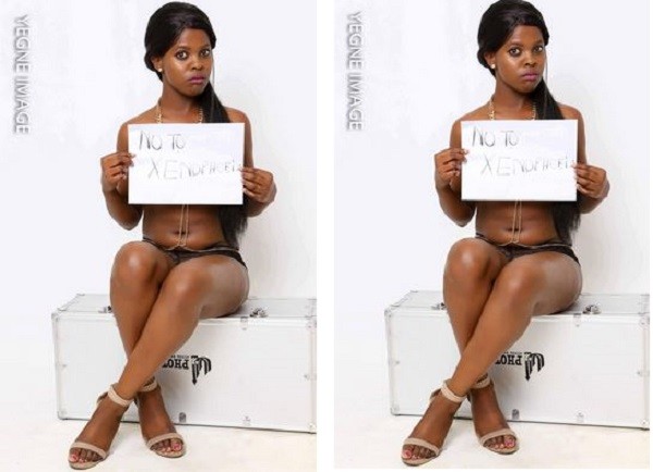 Noluvuyo Sodela, hold a plaque covering her boobs to campaign against xenophobic in South Africa. Photo: Twitter