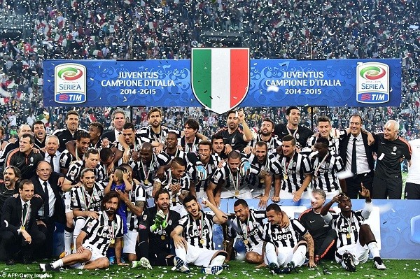Shortly after the 3-1 win in Turin, the Juve squad and staff gathered to celebrate their stunning 2014-15 Serie A title success