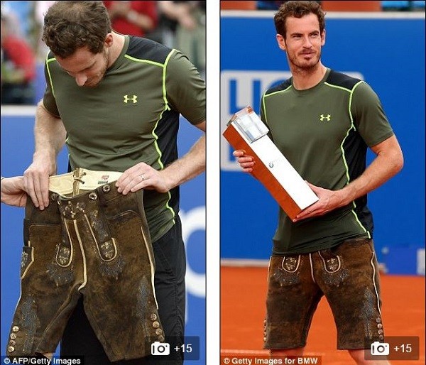 The Scot is presented with traditional Bavarian Lederhosen following his three-set win in Munich