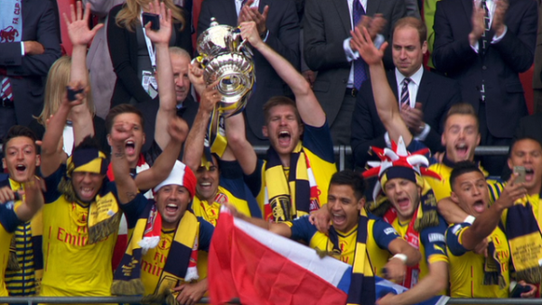 (It is all smiles for Arsenal players as they crush Aston Villa 4-0 to win the 12th FA Cup title for the London club. Photo: BBC)
