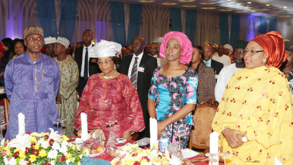L-R: Former Governor of Rivers State, Mr Rotimi Amaechi, wife of APC National Chairman, Mrs. Victoria Odigie-Oyegun, wife of the Vice President, Mrs Dolapo Osinbajo and wife of the President, Mrs. Aisha Muhammadu Buhari
