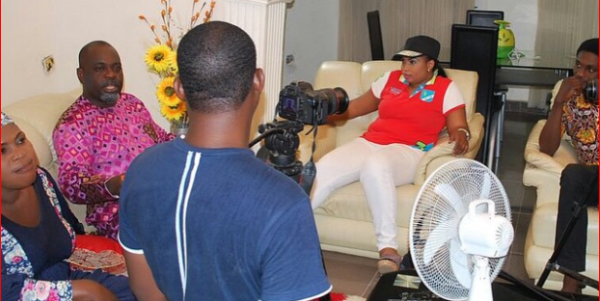 Funsho Adeolu, Laide Bakare, Adeniyi Johnson on set of 'Daddy Daddy'