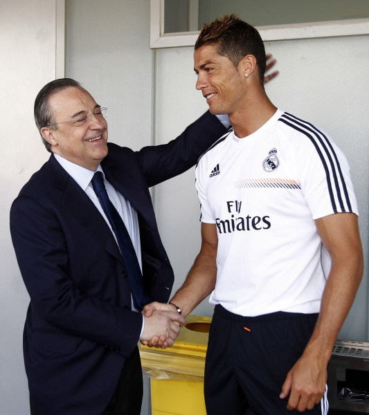 MADRID, SPAIN - JULY 20: President Florentino Perez greets Real Madrid player Cristiano Ronaldo during a training session at Valdebebas training ground on July 20, 2013 in Madrid, Spain. (Photo by Pedro Castillo/Real Madrid via Getty Images)