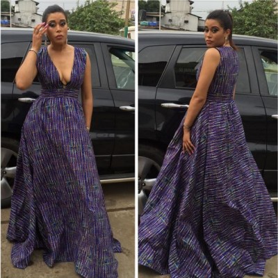 Adunni Ade wears plunging Ankara gown to grandpa's burial. Photo: Instagram