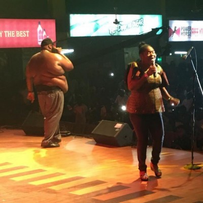 Salawa Abeni on stage with her son, Big Sheef. Photo: Ayo Sonaiya