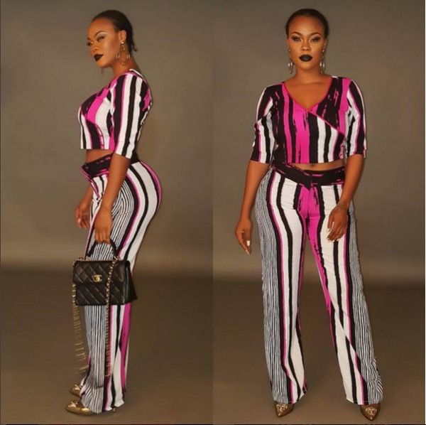 Daniella Okeke rocks a cropped top and loosed pants, which was designed and made by her. Photos: Instagram
