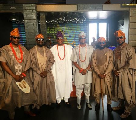 Ebuka Obi, Lamide Lagos, Segun Demuren, Tunde Demuren, Noble Igwe and Banky W attend Toolz's wedding. Photo: IG
