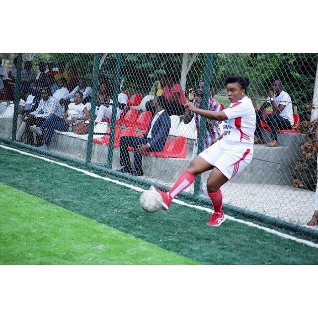 Empress Njamah scoring a goal at the Kick against rape novelty football match