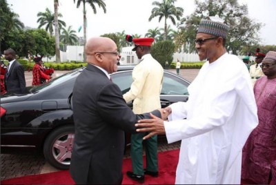 President Buhari welcoming Jacob Zuma to Nigeria earlier today.