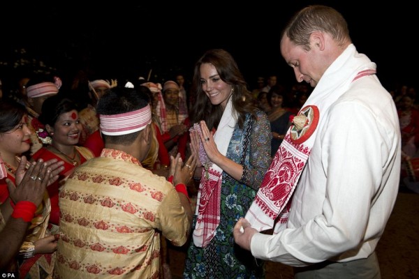 The Duke and Duchess of Cambridge were presented with traditional hand-woven scarves – which are reserved for special guests