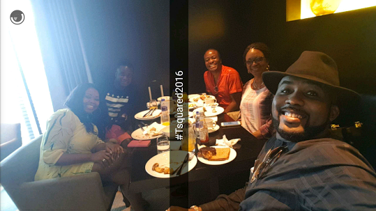The group enjoy a good meal
