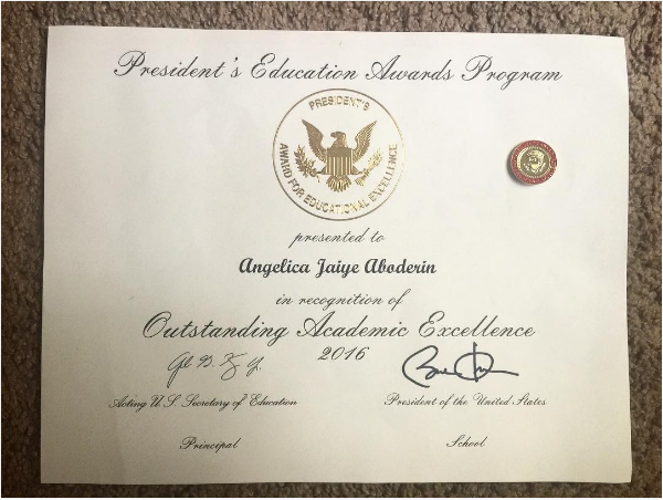 Angelica's Presidents' Award for Educational Excellence in America