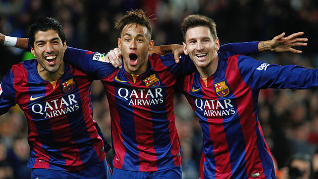 Messi, Suárez, Neymar celebrate a goal. Credit: AFP