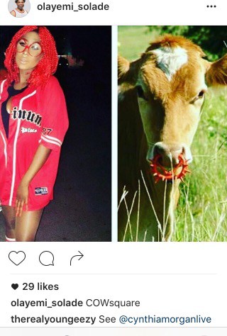 Yemi posted a picture of Cynthia Morgan beside a cow