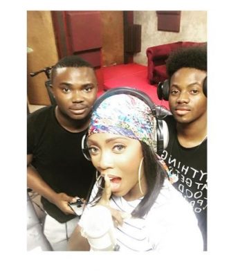 Tiwa Savage goofing around in the studio with Altims and Korede Bello.
