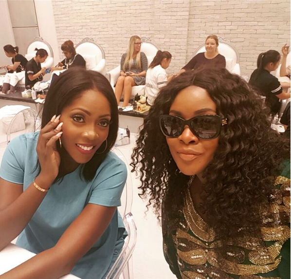 The bride, Toolz and Tiwa go on manicure spree. Photo: IG