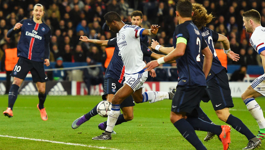 Mikel Obi (M) scores second UCL goal in a decade against PSG on February 16, 2016 during his Chelsea’s ‘Round of 16’ match at the Parc des Princes in Paris.