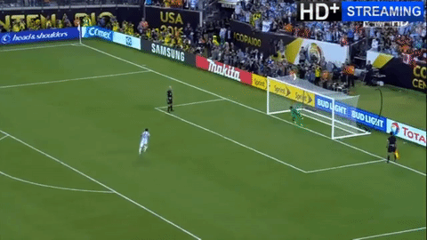 Penalty Kick Lionel Messi skies the ball way over goal and into the stands.