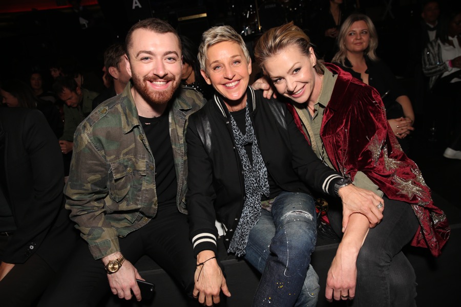 Sam Smith with Ellen Degeneres and Portia de Rossi at Saint Laurent Show