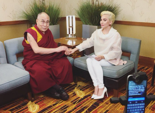 The Dalai Lama and singer Lady Gaga appear together for a question and answer session on 'the global significance of building compassionate cities' at the U.S.
