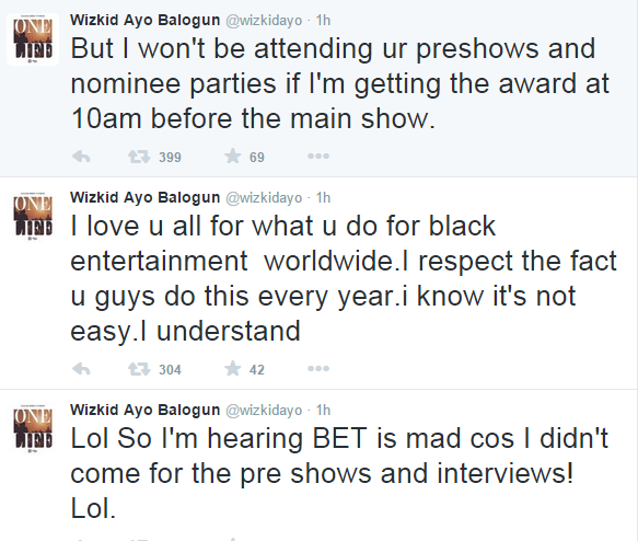 Wizkid tweets during 2015 BET awards.
