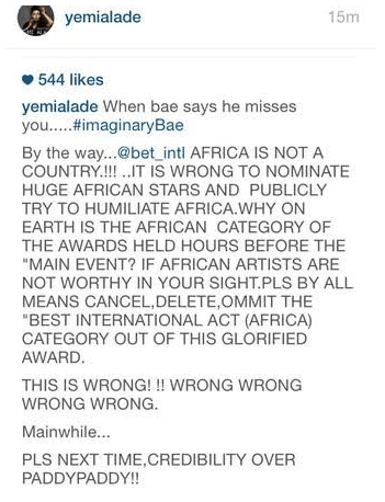 Yemi Alade slams BET organizers