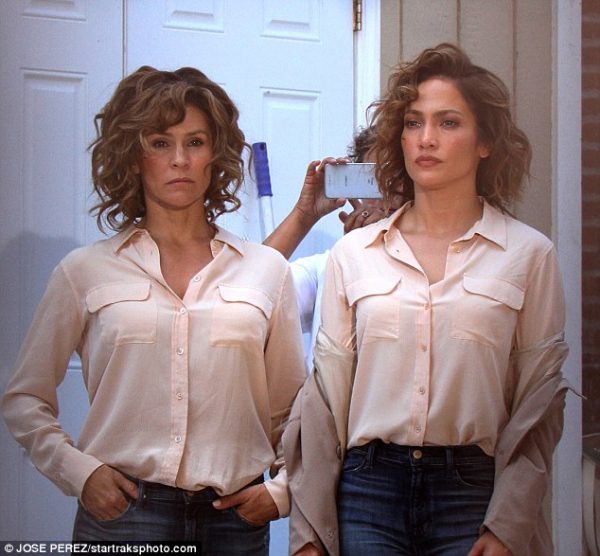 JLo and stunt double on set