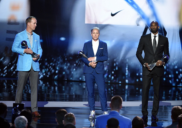 Peyton Manning, Abby Wambach and Kobe Bryant accept the Icon Award onstage during the 2016 ESPYS. Credit: Getty Images