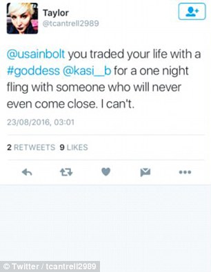 Usain Bolt's girlfriend, Kasi Bennnet liked tweet admonishing the sprinter