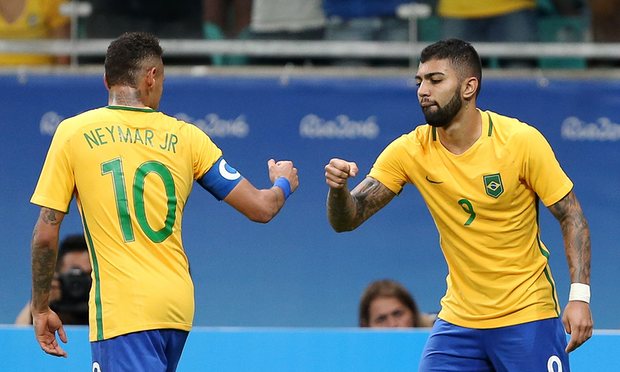 Brazil's Neymar celebrates a goal with Gabriel Barbosa. Credit: AP