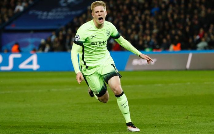 Kevin De Bruyne celebrates a goal against PSG