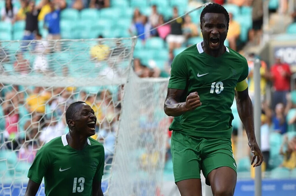 Mikel Obi celebrates his first Olympics goal against Denmark in their quarter-final match during RIo 2016. Credit: AP