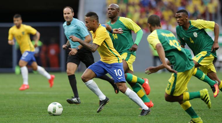 Neymar, dribbles as he tried to find the net for Brazil. Credit: AP Photo/Eraldo Peres