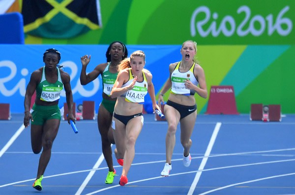 Nigeria women relay team in action during 4x100m race at Rio Olympics. Credit: AP