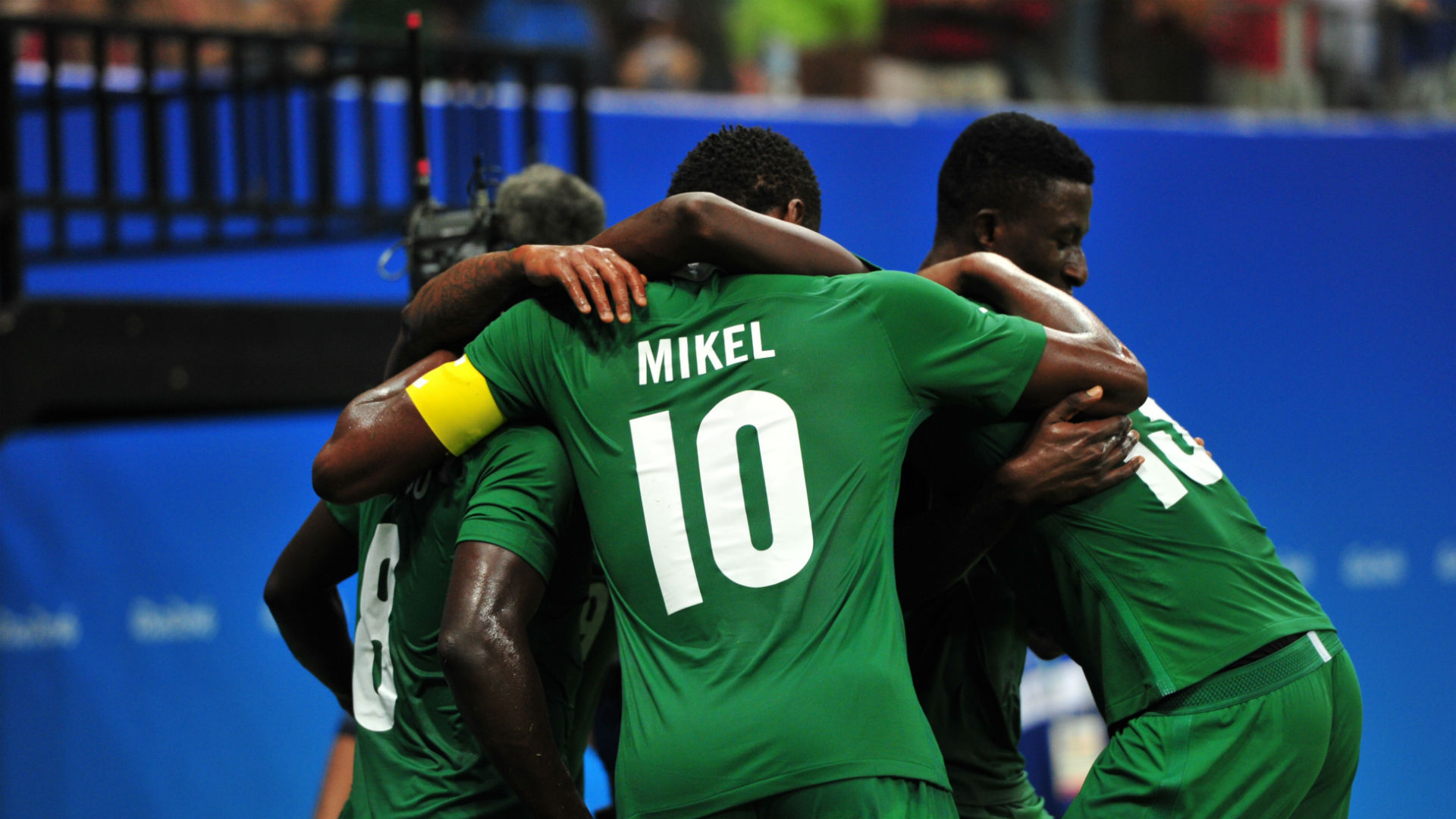 Nigerian team celebrate a goal against Japan in Rio Olympics.