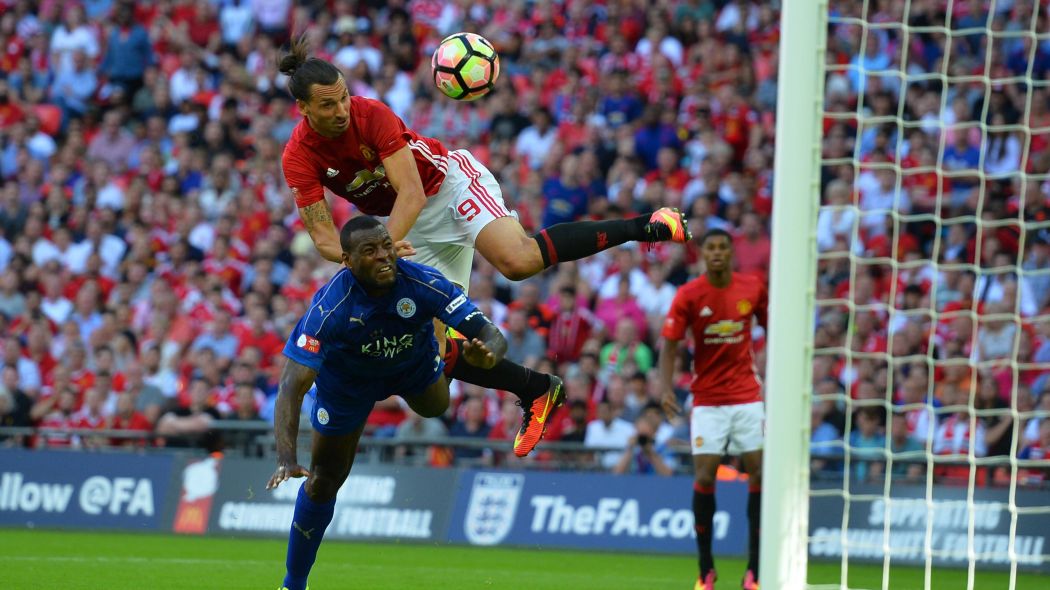 Zlatan Ibrahimovic scores against Leicester at Wembley stadium. Photo: AP