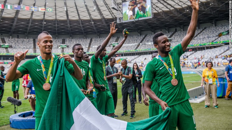 Good times; When players William Ekong (L) and John Obi Mikel (R) celebrate with bronze medals at the Rio 2016 Olympics. Credit: AP