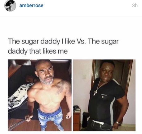 Amber Rose posted this photo collage showing a well-built man whom she regarded as the sugar daddy she likes beside a pot-bellied Mr Ibu.