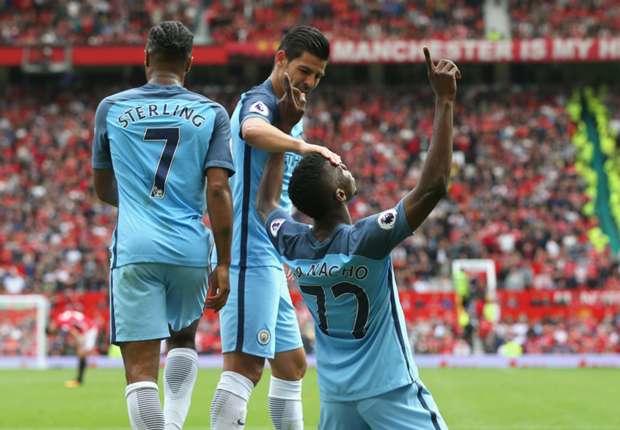 Iheanacho celebrates goal with teammates. Credit: AP