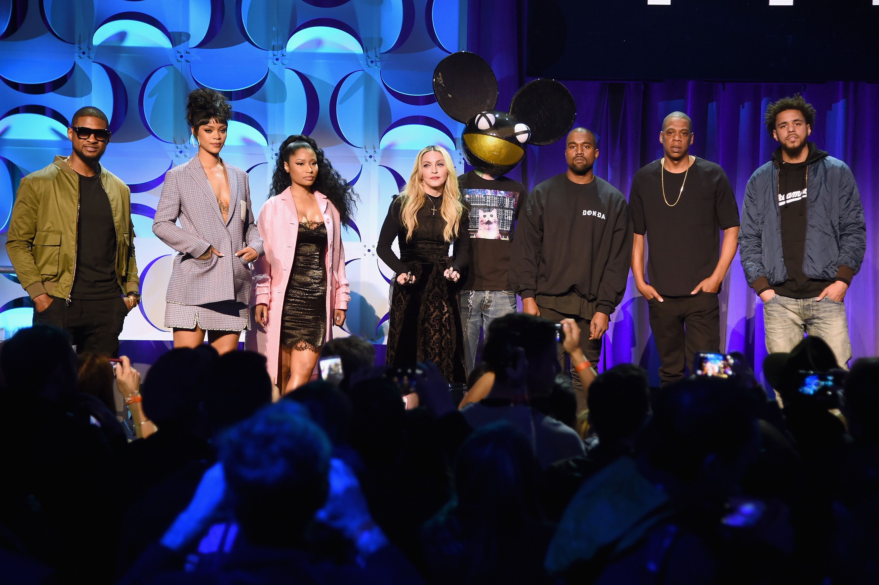 Jay Z, Kanye West, Rihanna, Beyonce, Usher and many more attend the Roc Nation Tidal press conference in 2015. Credit: AP