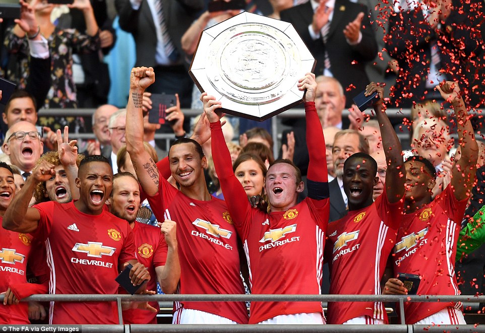 Manchester United's players celebrate with the Community Shield after beating Leicester 2-1 at Wembley. Credit: Getty Images