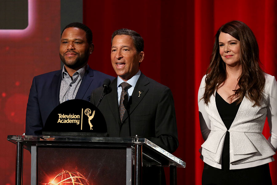Presenters Anthony Anderson and Lauren Graham with Television Academy Chairman Bruce Rosenblum, announced the nominees for the 68th Emmy Awards. Credit: Getty Images