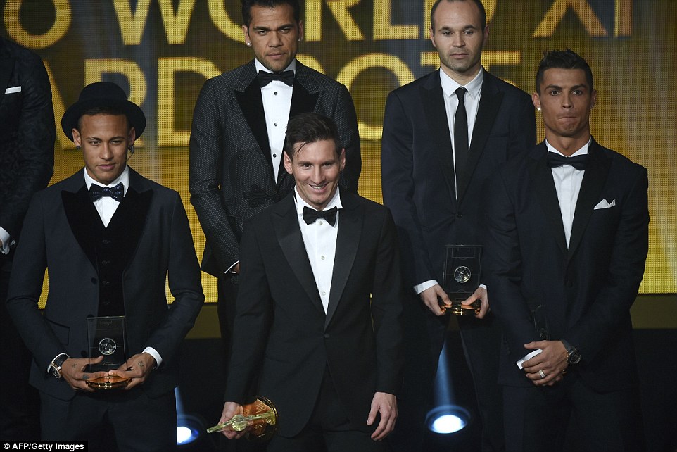 L-R- Barcelona quarter Neymar, Alves, Messi, Iniesta and Real Madrid's Ronaldo pose among the 2015 Fifa FifPro World11. Credit: Various