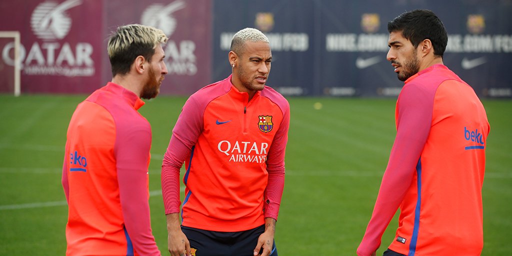Messi, Suarez and Neymar in training this week. Credit: Barcelona